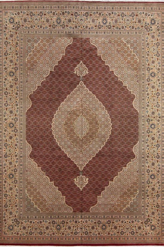 Best rugs for living room, classic Persian Tabriz wool and silk rug in red color. Size 10x13.