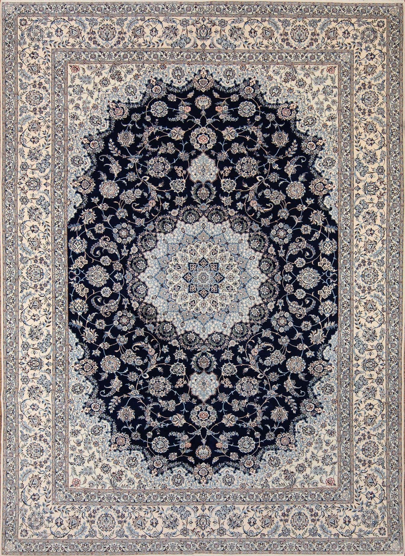 Persian navy blue rug made of wool and silk, handmade Persian Nain rug. Size 8.4x11.5.