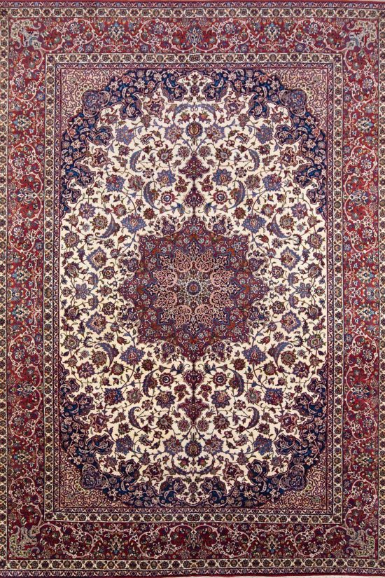 Antique Oriental Rug, handmade antique Persian Isfahan rug in beige and red colors. Size 10.3x15.8.