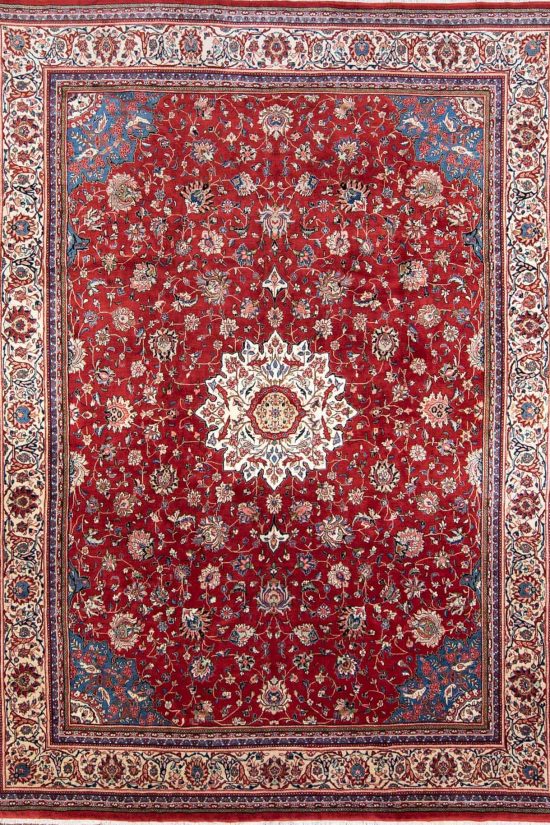 Large area rug. Hand woven floral Persian Sarouk rug in red color made of wool. Size 10.9x14.4.