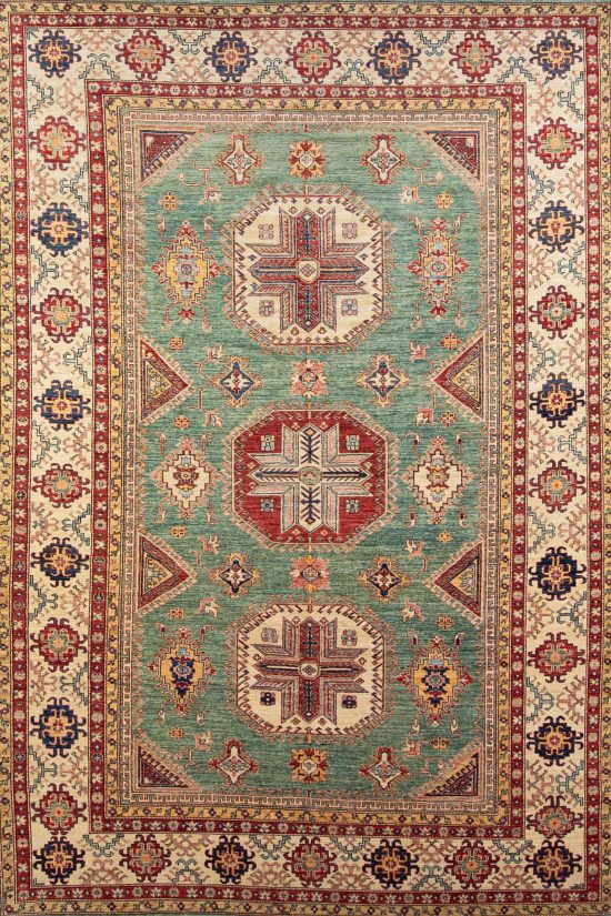 9x13 rug, hand knotted green area rugs in geometric Kazak style made in Pakistan using hand-spun wool.