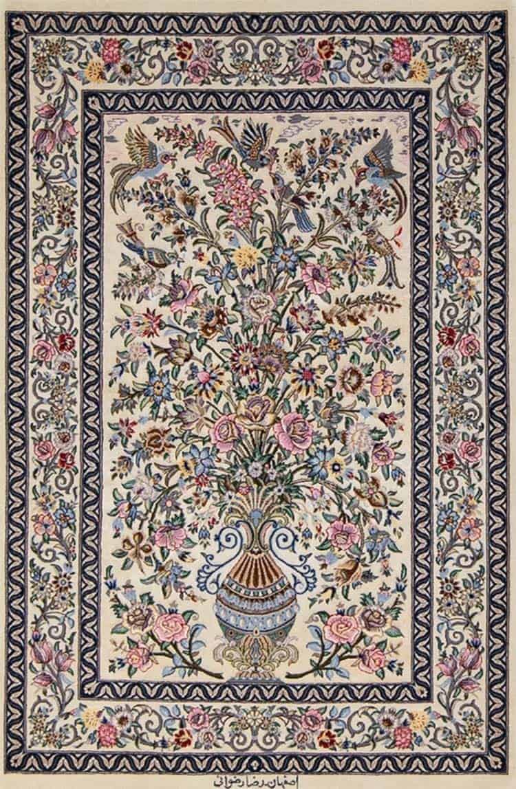 Isfahan rugs, hand woven Persian Isfahan rug, floral style with vase in beige and rose colors. Size 2.9x4.4