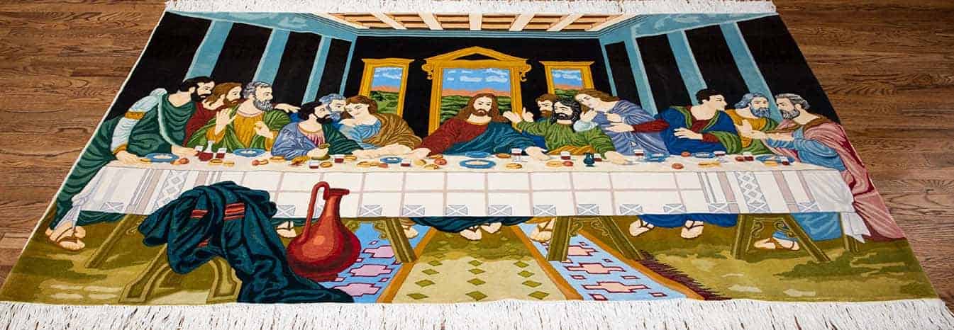 Last Supper rug, handmade Persian pictorial rug. Size 7.6x4.5.