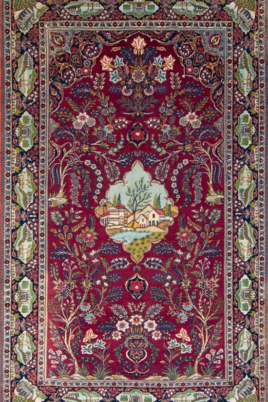 Vintage mid century rug Persian Kashan rug with scenic and tree of life in red color. Size 5.3x8.7.