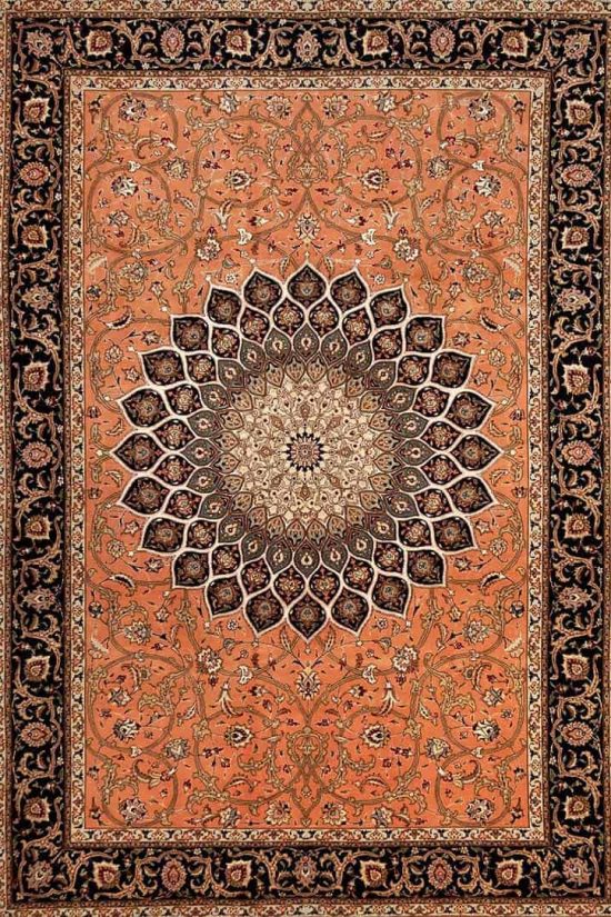 6×9 Rug, handmade Persian Tabriz Gonbadi rug in Salmon and black colors.