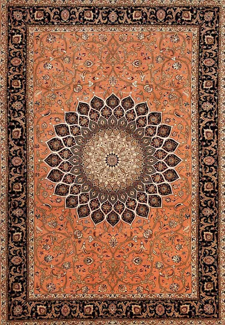 6×9 Rug, handmade Persian Tabriz Gonbadi rug in Salmon and black colors.