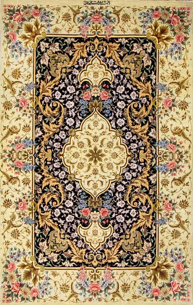 Hand knotted rug. Persian Qum silk rug with black color in primary field. Size 2.8x4.