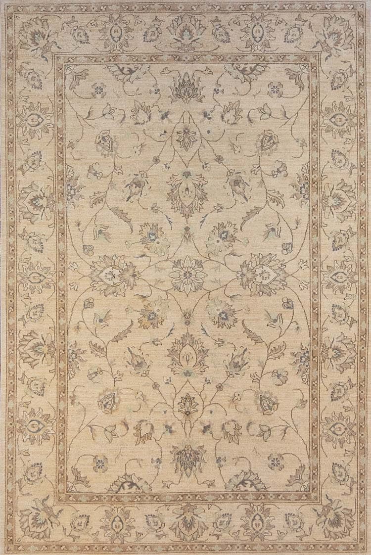 6x9 rug, Hand knotted Pakistani transitional rug in earth tone colors made of wool.