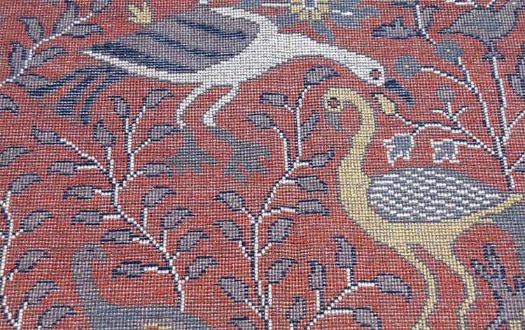 Birds of paradise rug, handmade wool oriental rug in rustic red color with birds and of life. size 8x10.
