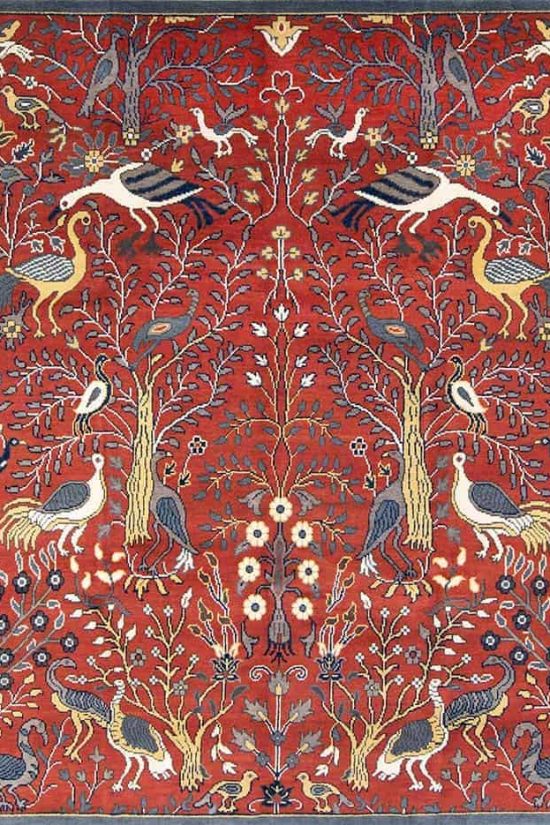 Birds of paradise rug, handmade wool oriental rug in rustic red color with birds and of life. size 8x10.