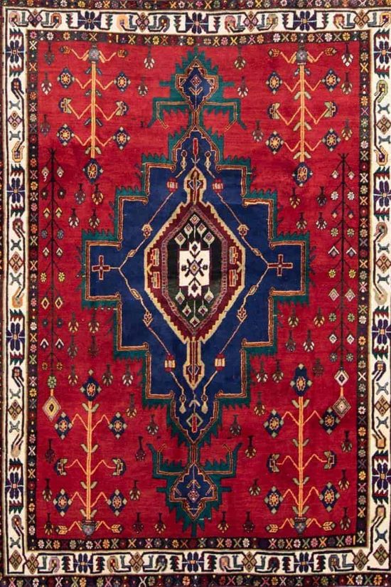 Southwest rug, handmade traditional Persian rug in red and blue colors made from wool. Size 5.9x7.9.