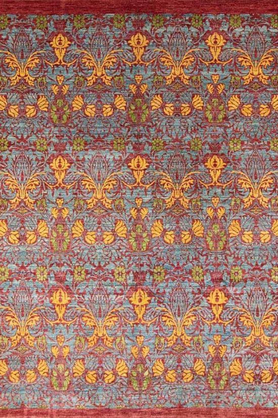 Red and yellow rug, quality handmade designer rug made from fine wool crafted in Pakistan. Size 7.10x9.9.