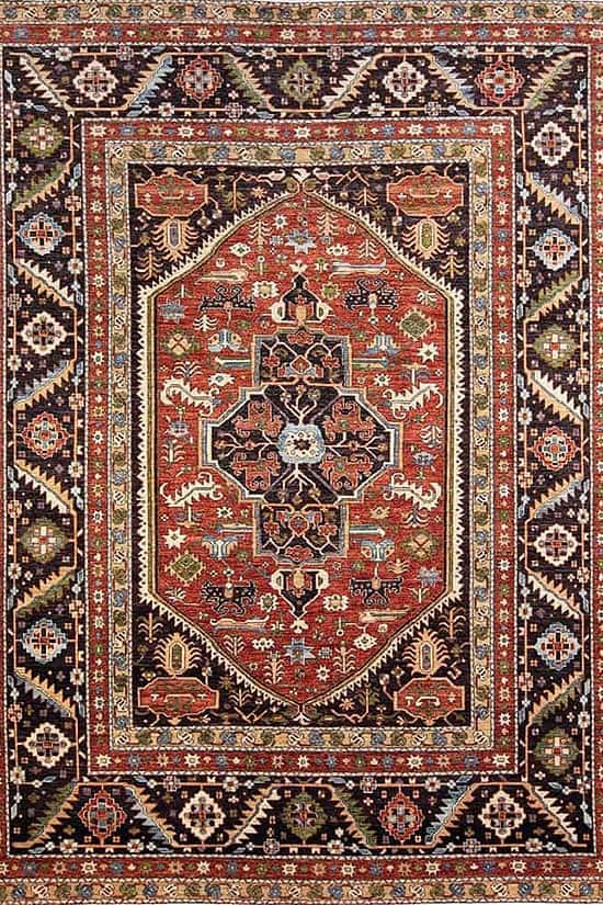 Rust rug, handmade geometric rug in Serapi style made from handspun wool. Size 9.3x12.2.