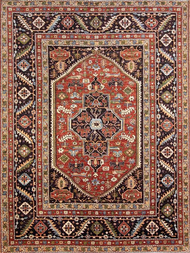 Rust rug, handmade geometric rug in Serapi style made from handspun wool. Size 9.3x12.2.
