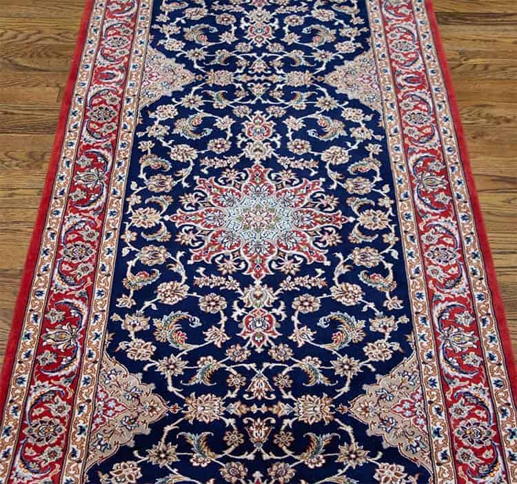 Rug runner, handmade floral Persian Isfahan rug runner in navy blue and red colors. Size 2.10x13.4.
