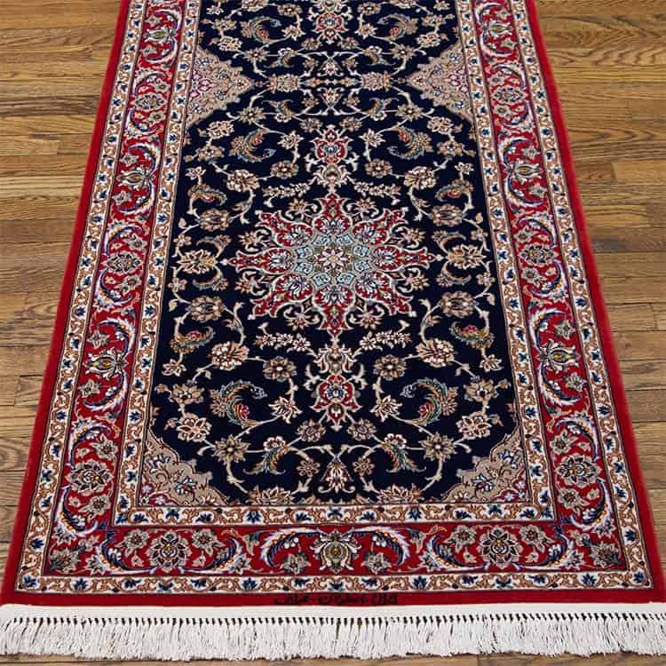 Rug runner, handmade floral Persian Isfahan rug runner in navy blue and red colors. Size 2.10x13.4.