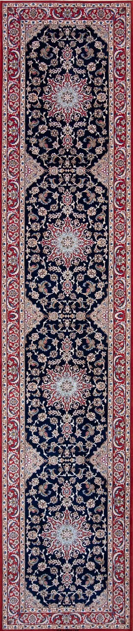 Rug runner, handmade floral Persian Isfahan rug runner in navy blue and red colors. Size 2.10x13.4.