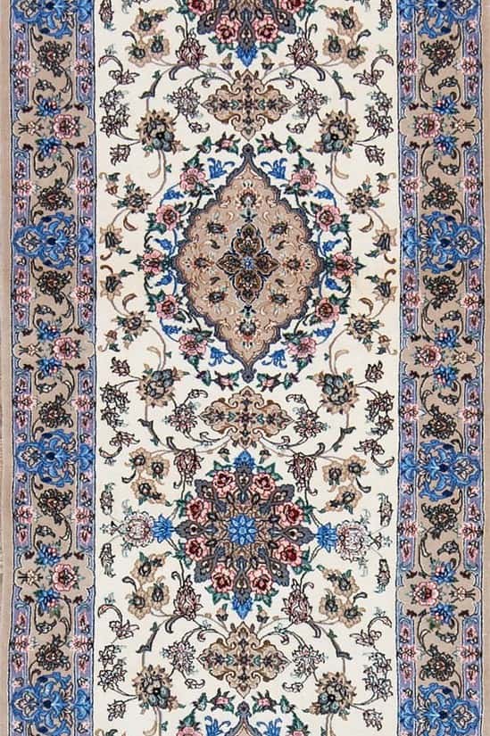 Handmade Persian Isfahan hallway runner rug for dark hallway, floral style in beige color. Size 2.9x10.10.