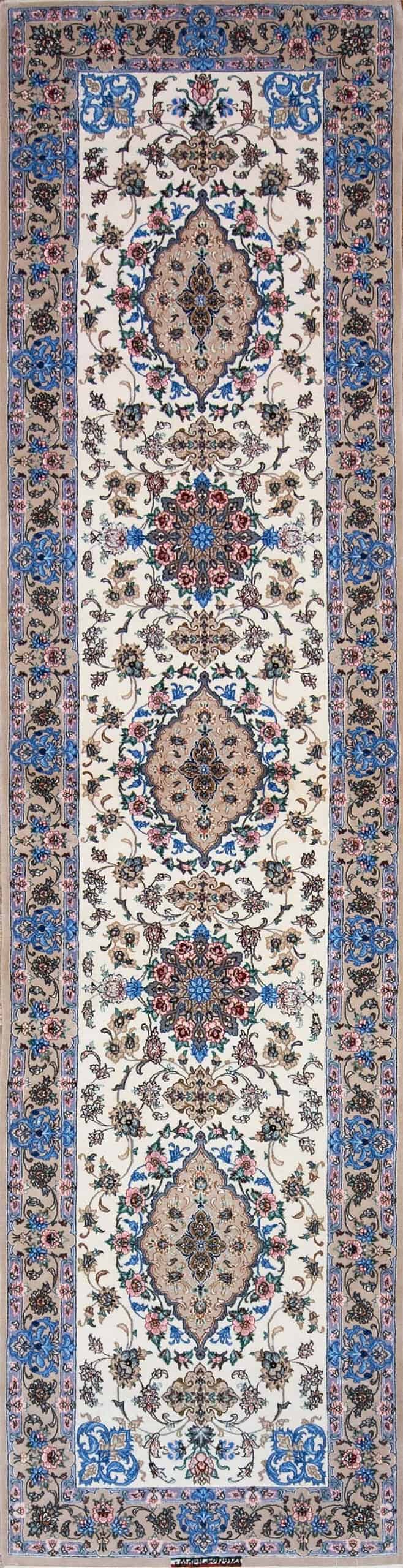 Handmade Persian Isfahan hallway runner rug for dark hallway, floral style in beige color. Size 2.9x10.10.