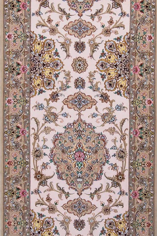Stair Runner, handmade Persian Isfahan runner rug in beige color made from kork wool and silk. Size 2.10x10.10.