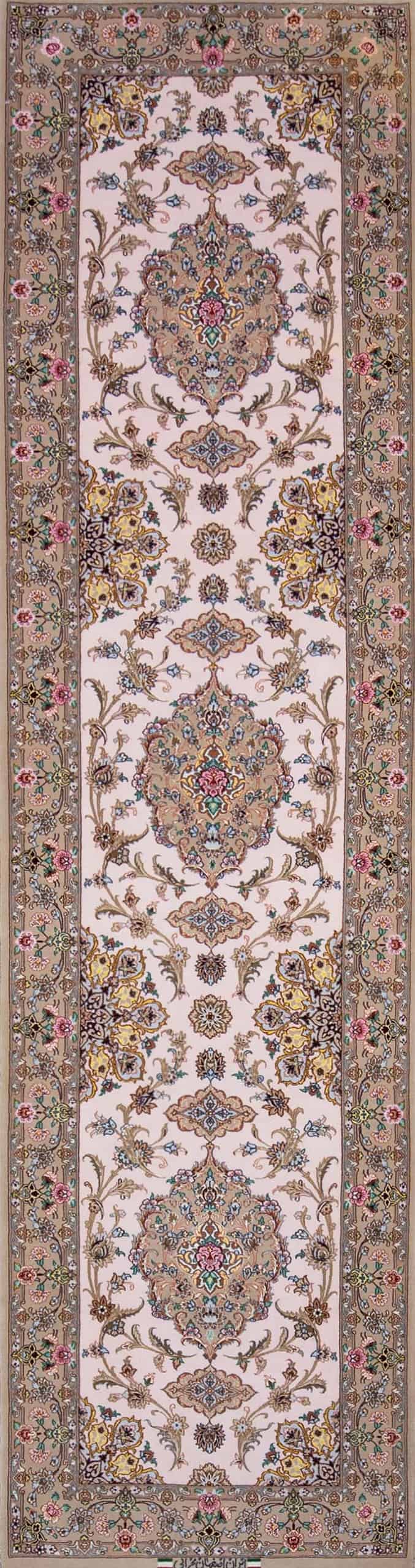 Stair Runner, handmade Persian Isfahan runner rug in beige color made from kork wool and silk. Size 2.10x10.10.