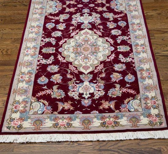 Runner rugs for hallways, wool and silk Persian Tabriz runner rug in purple red color. Size 2.10x8.1.