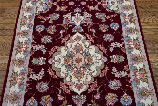 Runner rugs for hallways, wool and silk Persian Tabriz runner rug in purple red color. Size 2.10x8.1.