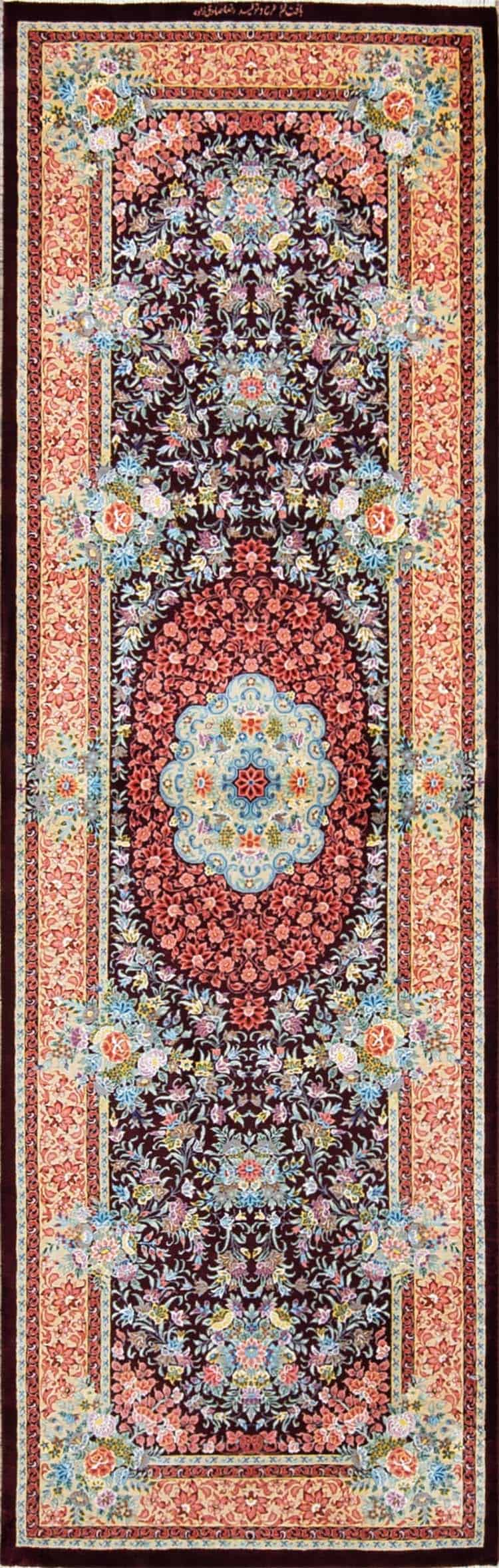 Handmade pure silk Persian runner rug, multicolor floral in purple background. Size 2.2x6.10.