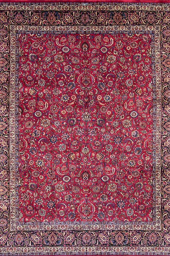 10x12 are rug, handmade Persian Mashad rug in red and navy blue color, allover floral design rugs with no medallion.