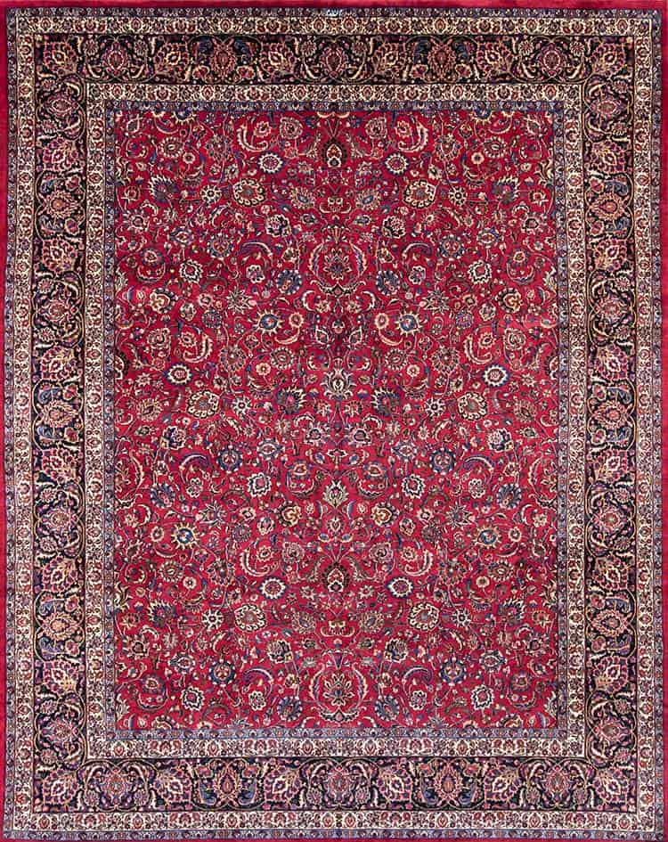 10x12 are rug, handmade Persian Mashad rug in red and navy blue color, allover floral design rugs with no medallion.