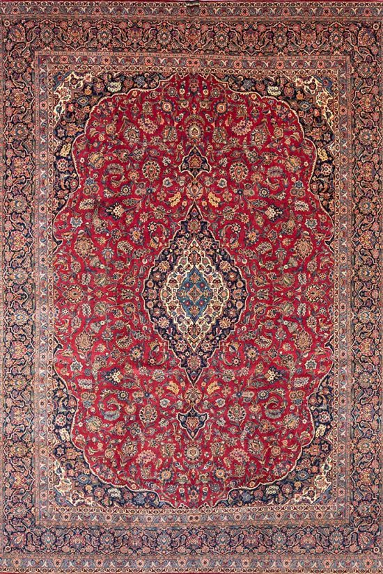 11x15 rug, semi antique Persian Kashan rug in red and navy blue made from fine wool.