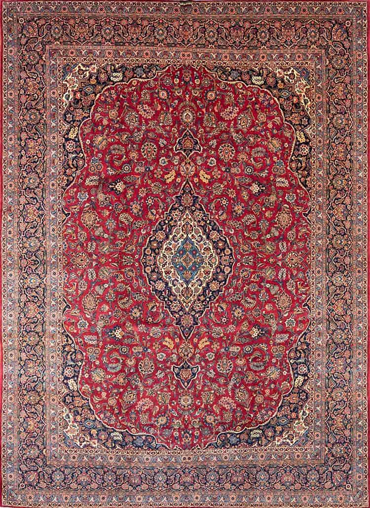 11x15 rug, semi antique Persian Kashan rug in red and navy blue made from fine wool.