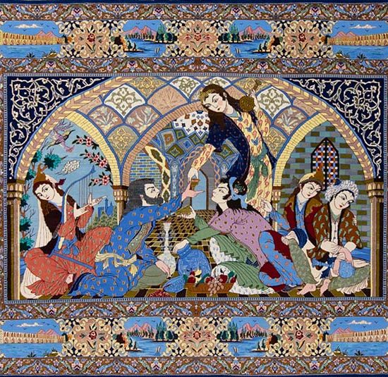 Persian poetic rug, handmade Persian Isfahan horizontal rug illustrating a gathering scene. Size 7.3x5.