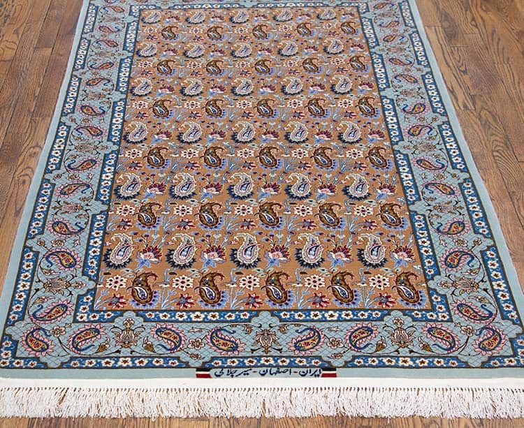 Paisley design carpet, handmade Iranian Esfahan carpet in brown and green blue made of kork wool and silk. Size 3.10x5.8.