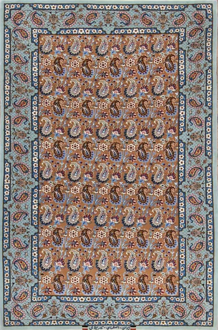 Paisley design carpet, handmade Iranian Esfahan carpet in brown and green blue made of kork wool and silk. Size 3.10x5.8.