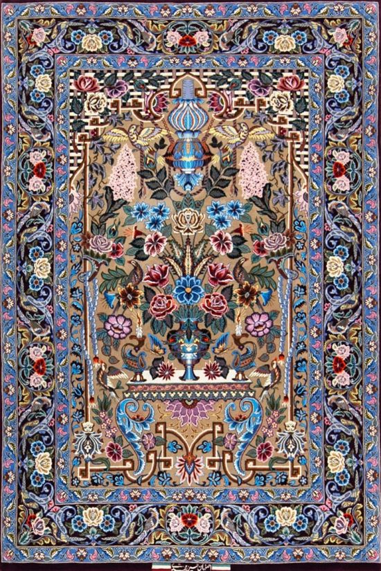 Purple rug, handmade Persian Isfahan rug with vase and flowers, beautiful multicolor rug made of kork wool and silk. Size 3.10x5.8.