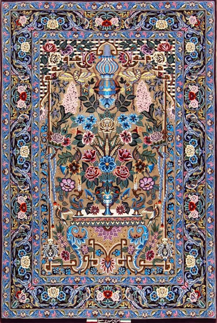 Purple rug, handmade Persian Isfahan rug with vase and flowers, beautiful multicolor rug made of kork wool and silk. Size 3.10x5.8.