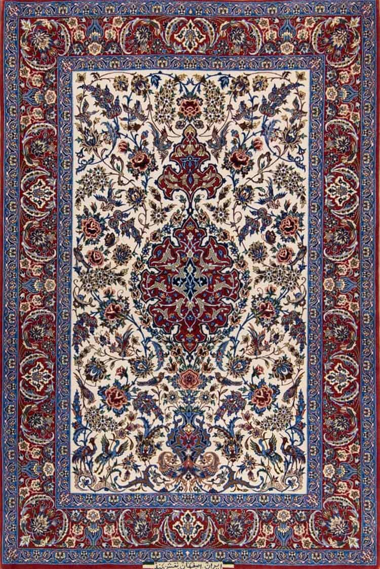 Small rug with beige and red, Persian Isfahan rug made of the finest Japanese kork wool and silk. Size 3.10x5.9.
