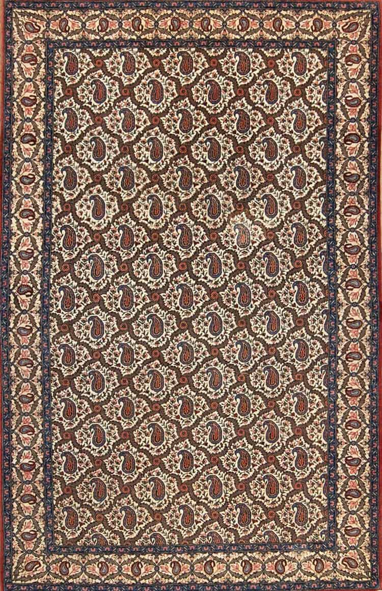 Vintage area rugs, hand woven beige color paisley design Persian Qum vintage rug made from soft kork wool. Size 4.9x7.4.