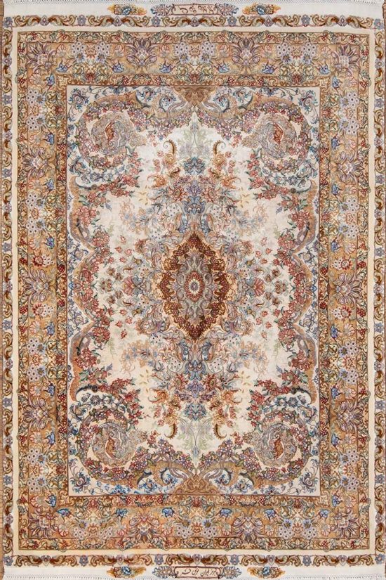 Silk Persian carpet in beige and brown colors. Floral Iranian. Size 4.10x7.3.