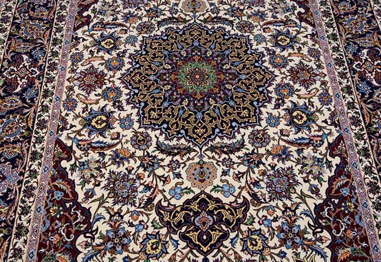 Elegant Persian rug, handmade Persian Isfahan vegetable dyed rug made from kork wool and silk. 5x7 rug with 460 knots per square inch.