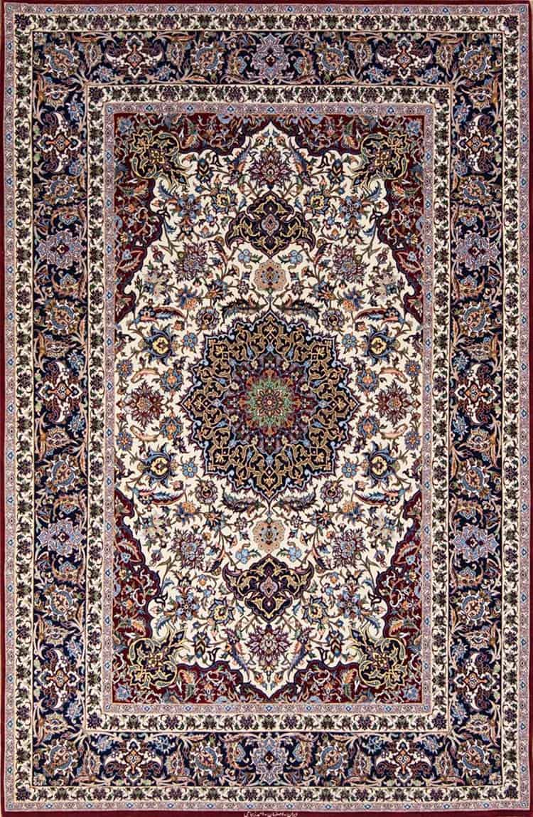 Elegant Persian rug, handmade Persian Isfahan vegetable dyed rug made from kork wool and silk. 5x7 rug with 460 knots per square inch.