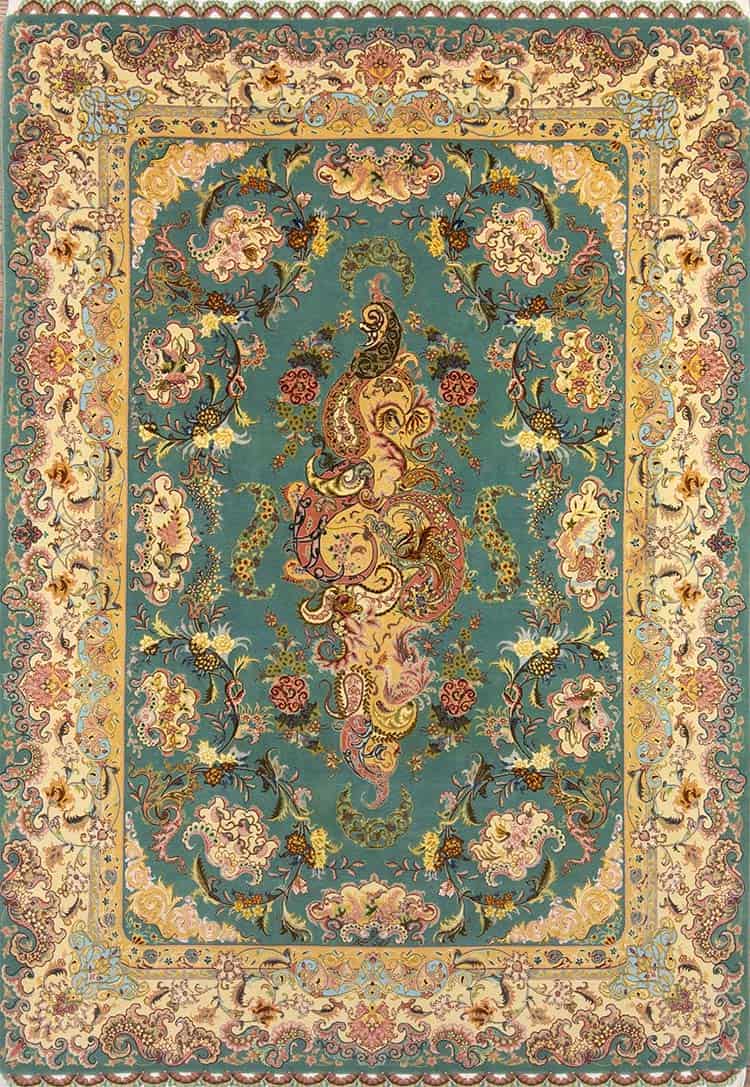 Handmade Persian Tabriz rug, unique floral design with teal green and rose colors. Size 5.2x7.4.