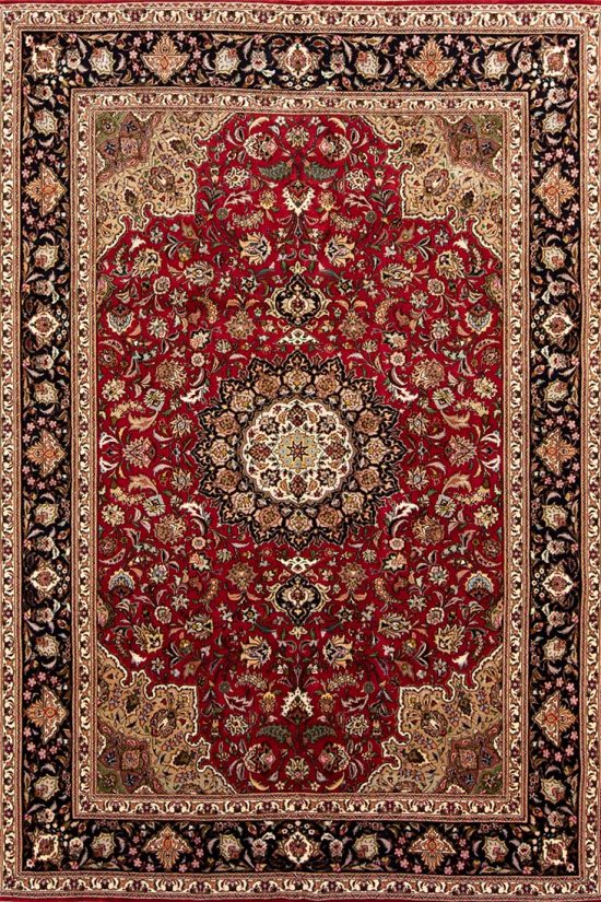 Red Persian area rug 7x10 made from kork wool and silk, floral Persian Tabriz area rug in red and black colors.