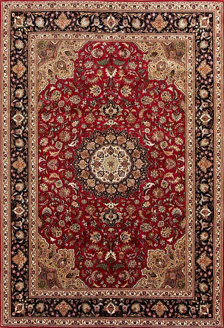 Red Persian area rug 7x10 made from kork wool and silk, floral Persian Tabriz area rug in red and black colors.