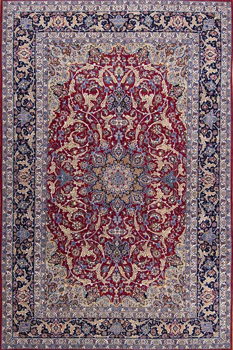 Area rugs for living room, fine quality handmade red area rug with navy blue border made from kork wool and silk. Size 6.8x10.4.