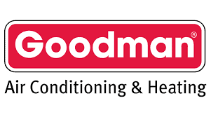 The logo of Goodman Air Conditioning & Heating, a division of Goodman Manufacturing, showcases "Goodman" in striking white text against a bold red backdrop, with "Air Conditioning & Heating" elegantly displayed below in black.