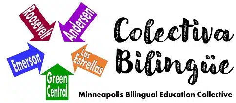 Star-shaped graphic featuring schools: Roosevelt, Andersen, Emerson, Green Central, Las Estrellas. Text reads "Colectiva Bilingüe, Minneapolis Bilingual Education Collective," highlighting the community spirit within Minnesota's diverse educational landscape.