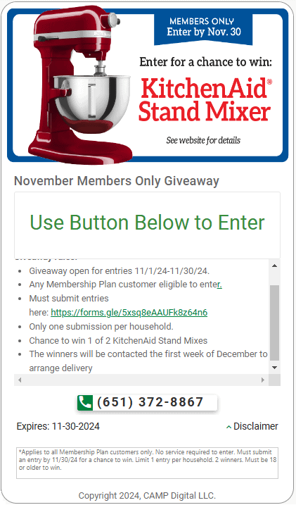 Promotional image for a KitchenAid Stand Mixer giveaway exclusive to Bonfe Insider members. Includes entry details, eligibility, and a phone number for inquiries. Offer expires on 11-30-2024, so don't miss out this November 2024!.