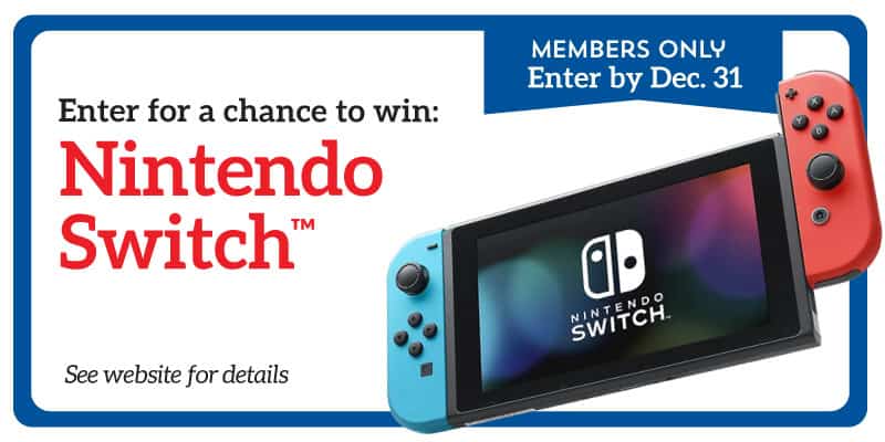 Flyer for a Nintendo Switch giveaway, featuring an image of the console. Text: "Enter for a chance to win: Nintendo Switch. Bonfe Insider members only. Enter by Dec. 31, December 2024. See website for details.